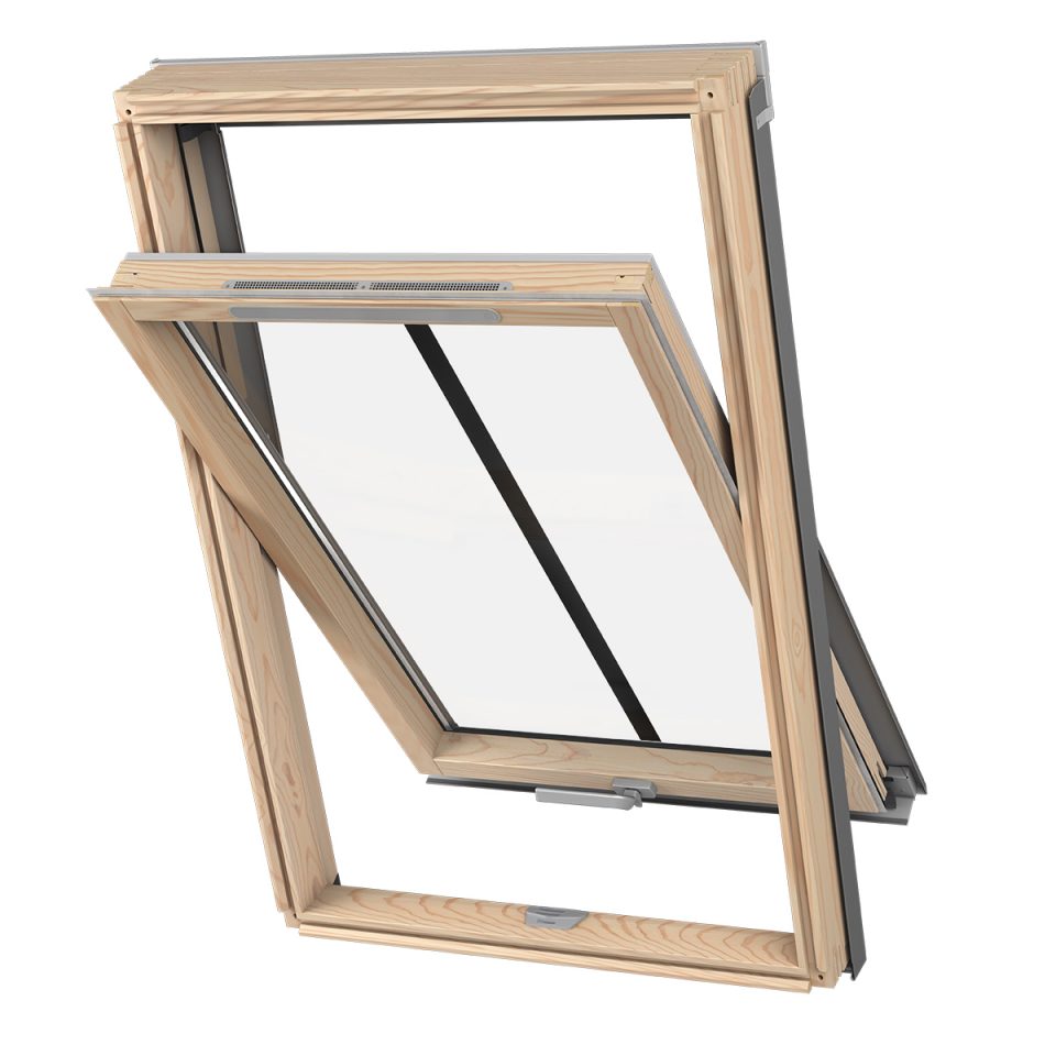 a natural wood roof window