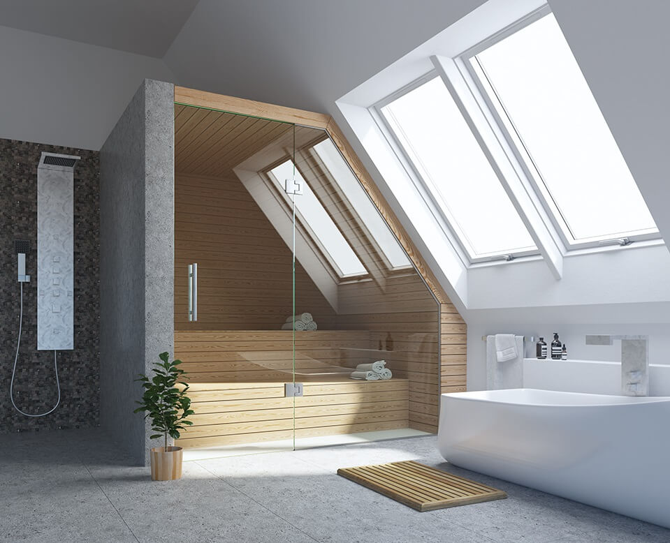 A bright attic bathroom with a sauna and open shower area