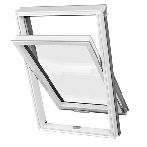 A roof window with white pvc frame