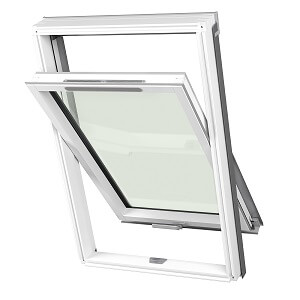 A roof window with white wood frame