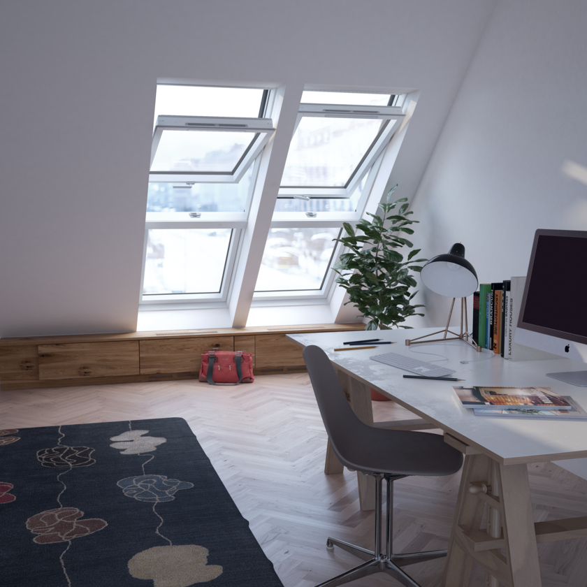 A bright office with Dakea windows and a light wood desk.