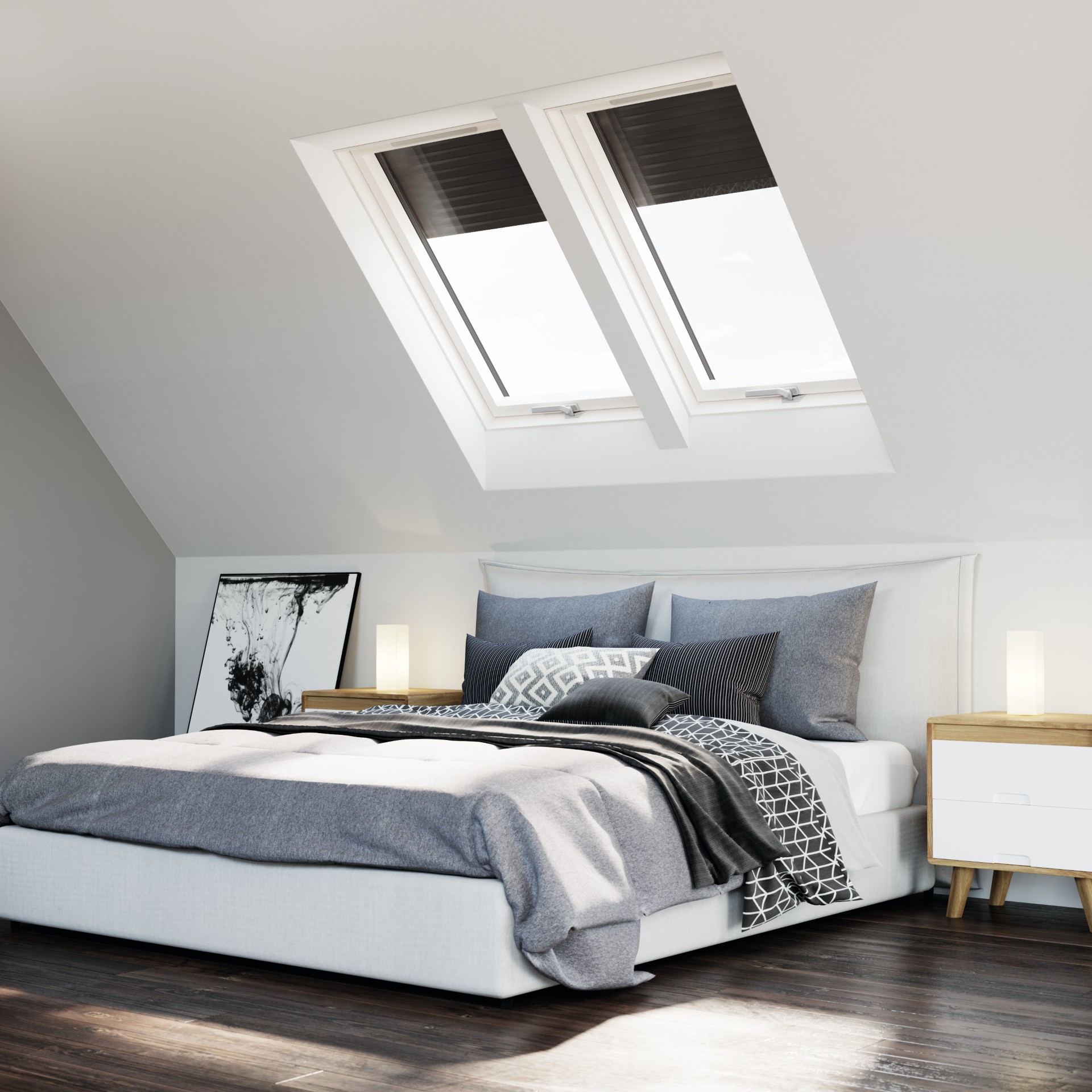 Two Dakea Better Energy pitched roof windows in a bedroom, enhancing natural light and ventilation