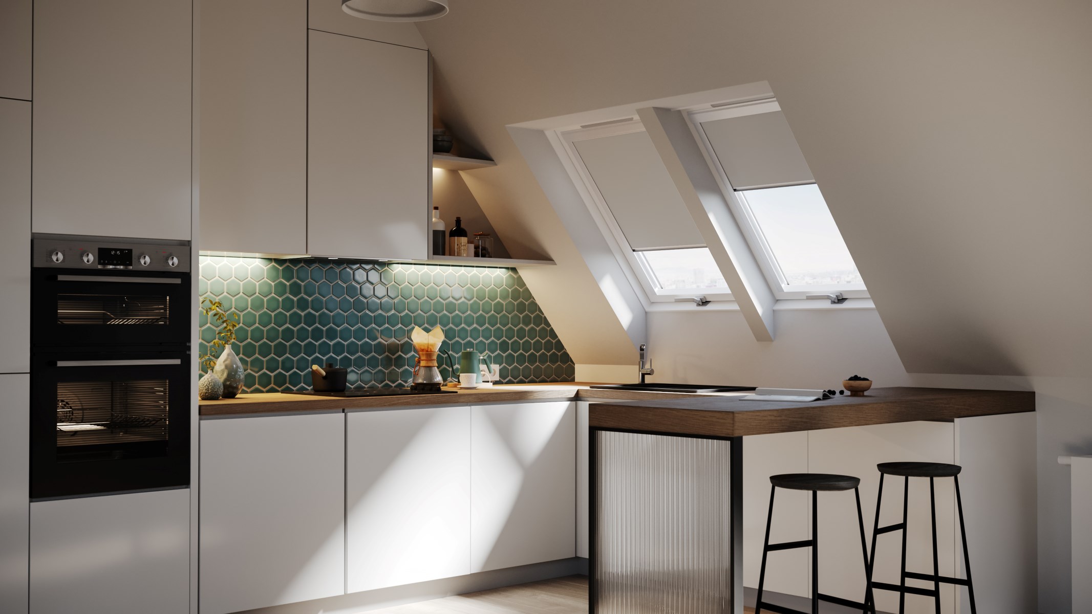 Blackout blinds in the process of closing, dimming the atmosphere inside this kitchen. 