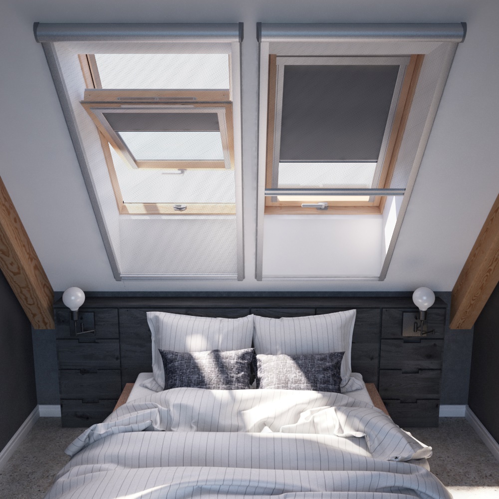 Two roof windows are finished with insect screens, protecting the double bed below from insects entering. One roof window is open, one is closed. 