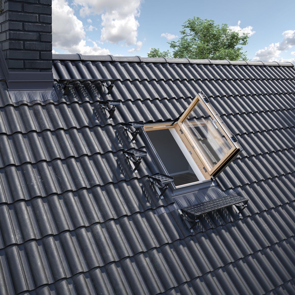 Clean black roof with an open roof window.