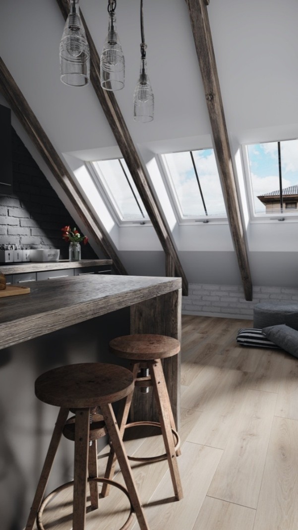 Modern kitchen interior with bright roof lights. 