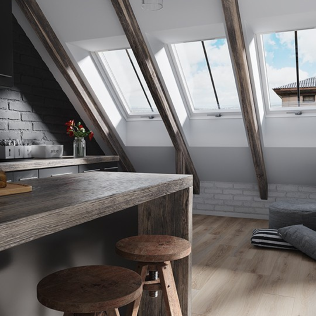 Modern kitchen area with natural light from pitched roof windows.