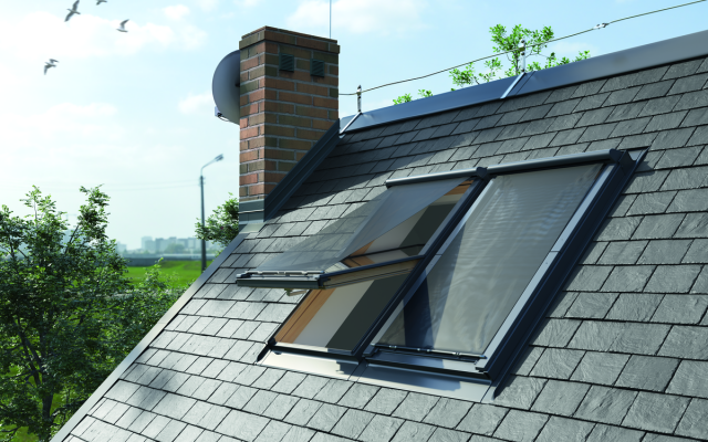 Exterior shot of an open roof window featuring Dakea Anti Heat Blinds on a sunny day