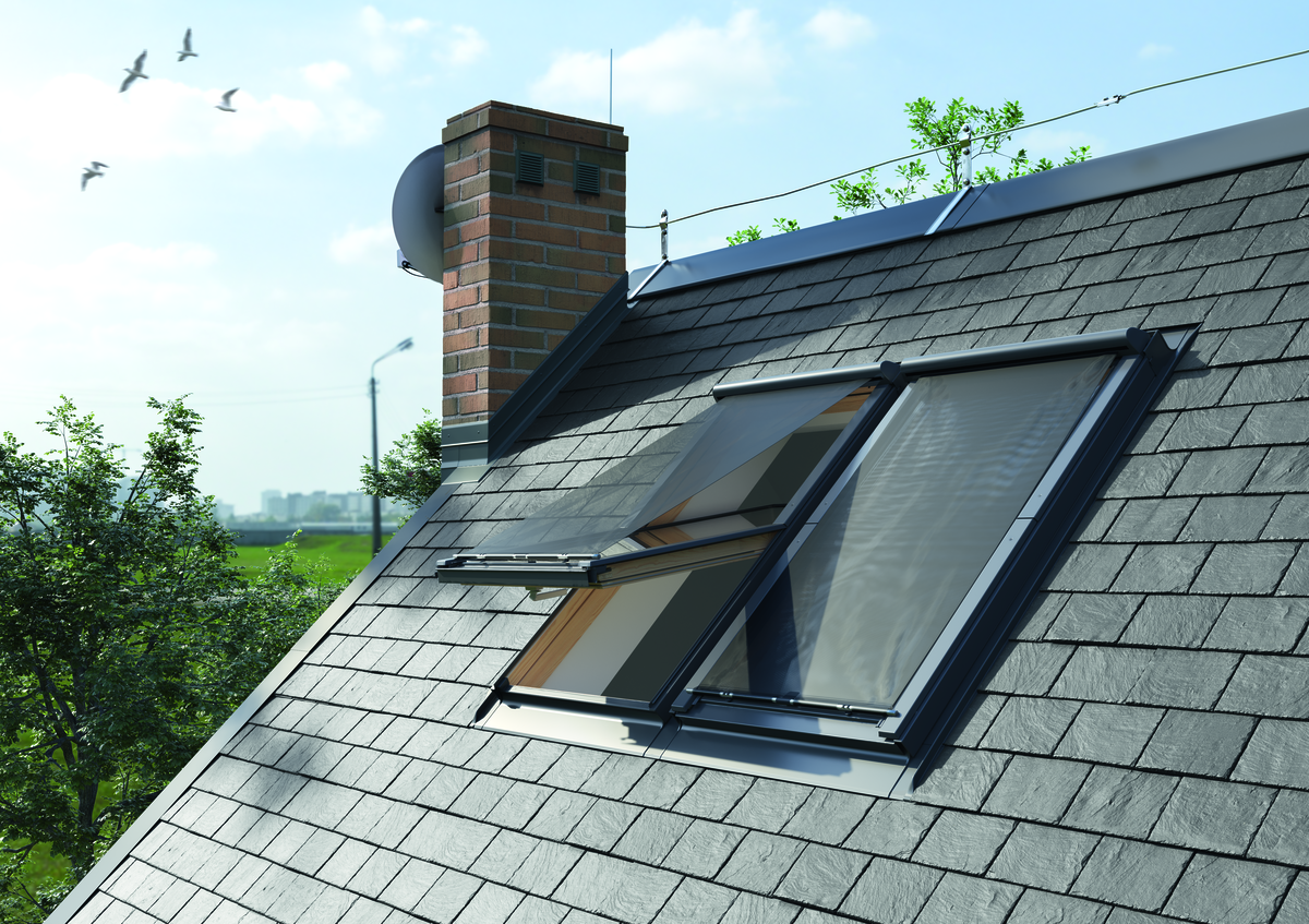 Exterior shot of an open roof window featuring Dakea Anti Heat Blinds on a sunny day